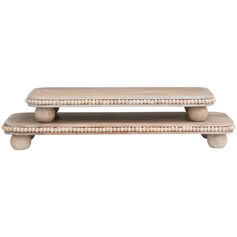 Light Brown Mango Wood Beaded Living Room Decor Tray with Large Ball Feet (Set of 2) - 23", 18"W