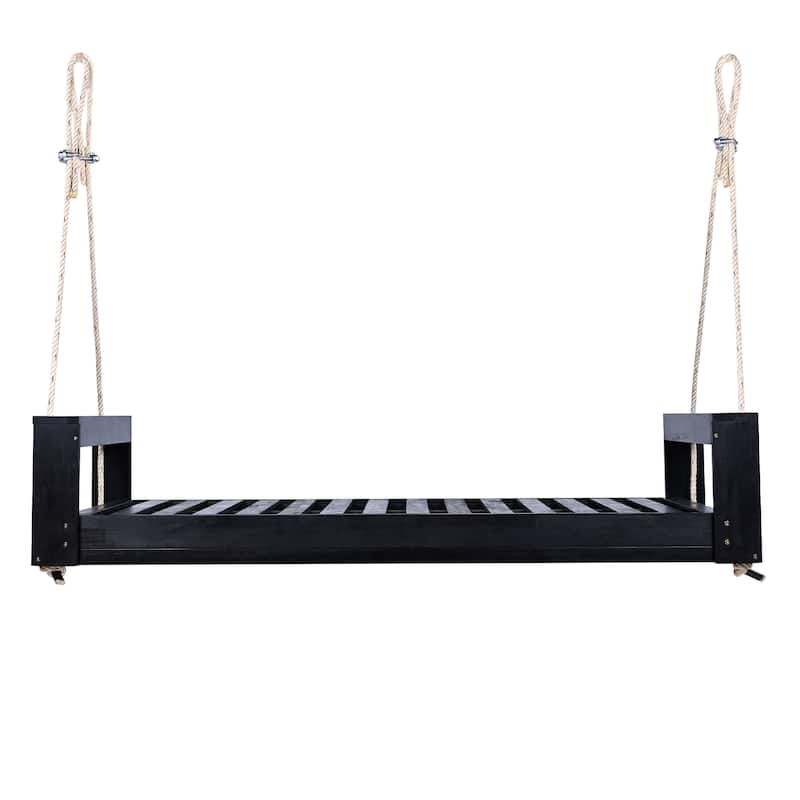 Twin Size Acacia Wood Porch Swing Bed with Hemp Ropes, Outdoor Hanging Daybed Frame for Patio, Garden or Backyard Retreat