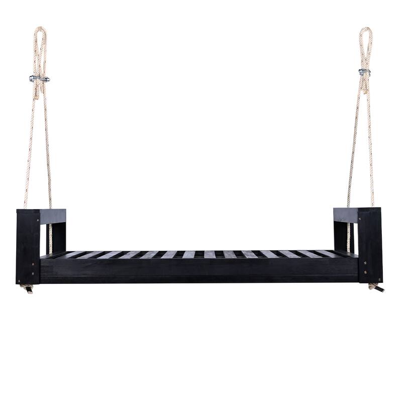 Twin Size Porch Swing Bed Seating Group, Patio Acacia Wood Swing Frame with Hemp Ropes for Garden, Backyard