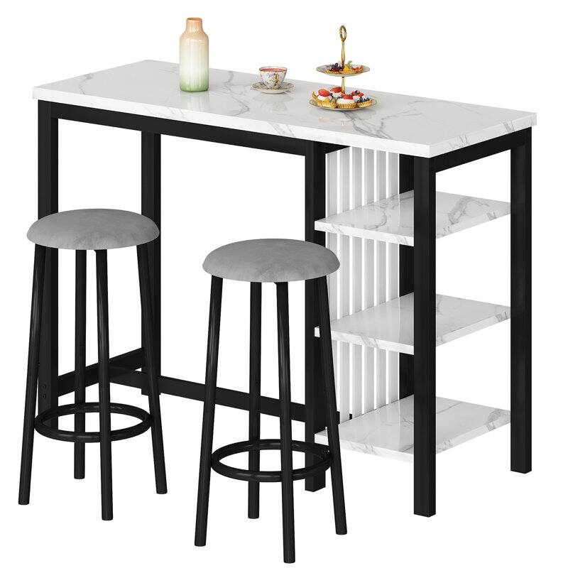 Bar Table Set with Storage Shelves, Faux Marble Breakfast Table with 2 Velvet Stools for Kitchen/Dinning Room/Living Room/Studio
