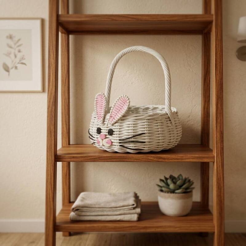 Hand Woven Bunny Rattan Wedding Flower Girl Basket Easter Bin Home Decor Cute Handmade Handcrafted Nursery Gift Animal Storage