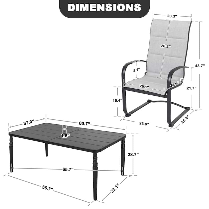 7-Piece Textilene Metal Rectangle Outdoor Dining Set with 6 C-Spring Motion Chairs and Umbrella Hole, Black