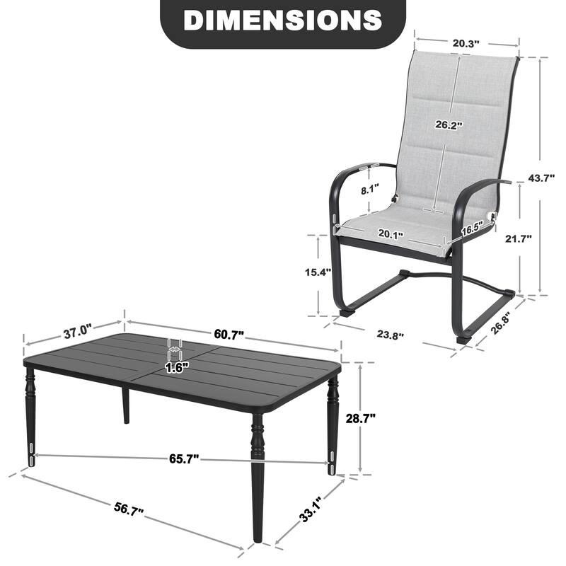 7-Piece Textilene Metal Rectangle Outdoor Dining Set with 6 C-Spring Motion Chairs and Umbrella Hole, Black