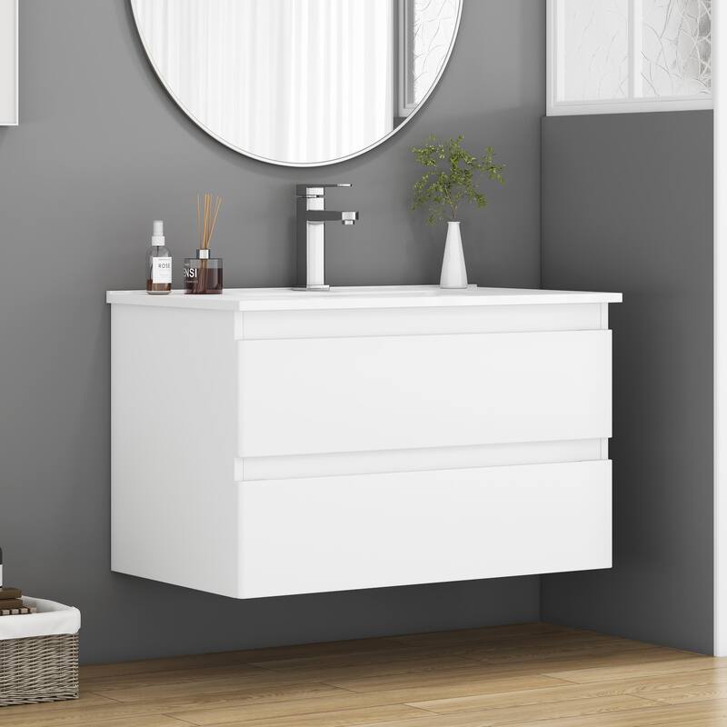 32 Inch Floating Bathroom Vanity with One-piece Ceramic Sink, Wall Mounted Cabinet with 2 Drawers