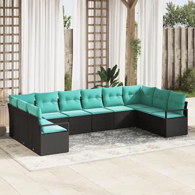 vidaXL 11 Garden Sofa Set with Cushions Black Poly Rattan - 135.4 x 69.7 x 27.2