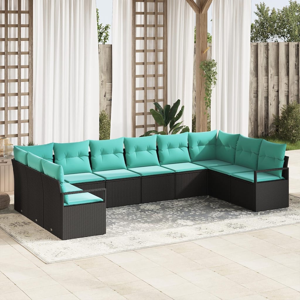 vidaXL 11 Garden Sofa Set with Cushions Black Poly Rattan - 135.4 x 69.7 x 27.2