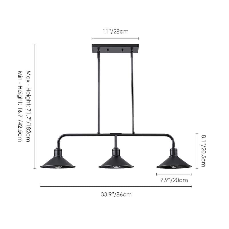34" Modern Industrial Farmhouse Black Linear 3-Light Island Pendant Light with Cone Shades for Kitchen and Dining Room