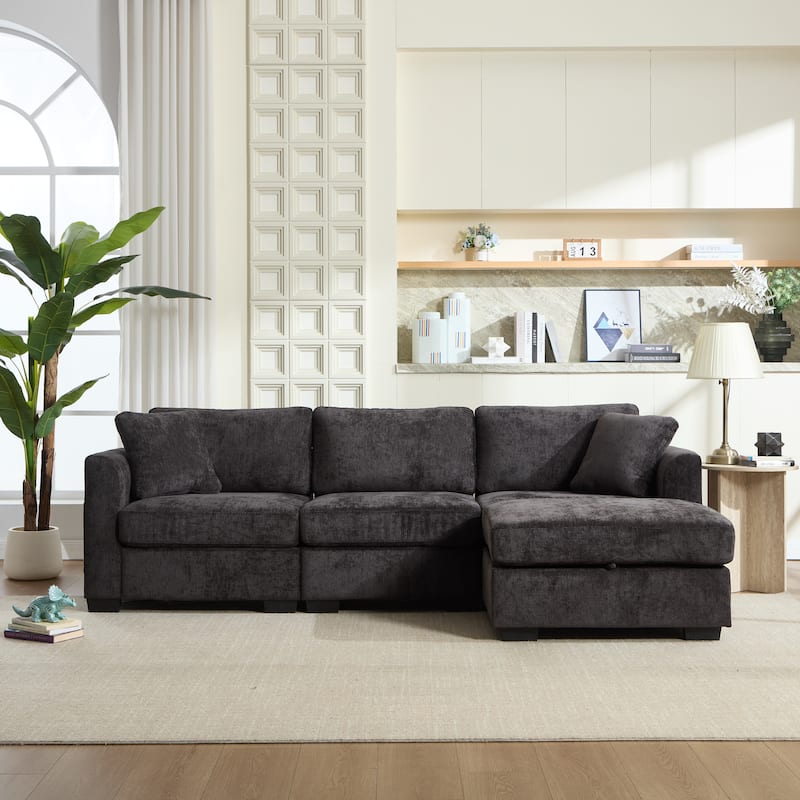 L-Shaped Modular Sectional Sofa with Storage Ottoman, 97" Chenille Corner Couch with USB Ports, Side Pockets