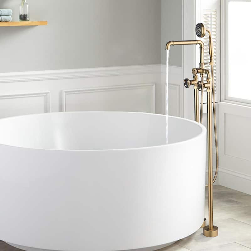 Rbrohant Industrial Style Freestanding Bathtub Faucet, High Flow Shower Floor Mounted Tub Faucets - Brushed Gold