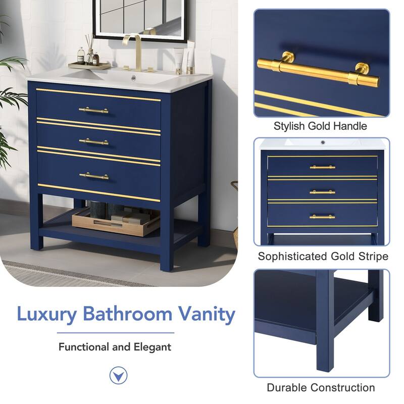 Sleek 30-Inch Bathroom Vanity with Two Drawers, Open Storage & Ceramic Basin