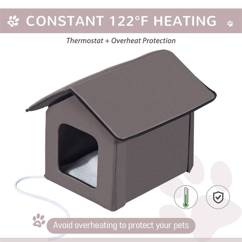 Heated Cat House with Berber Fleece Pad Foldable Outdoor Indoor Shelter Brown Warm Cozy Cat Bed