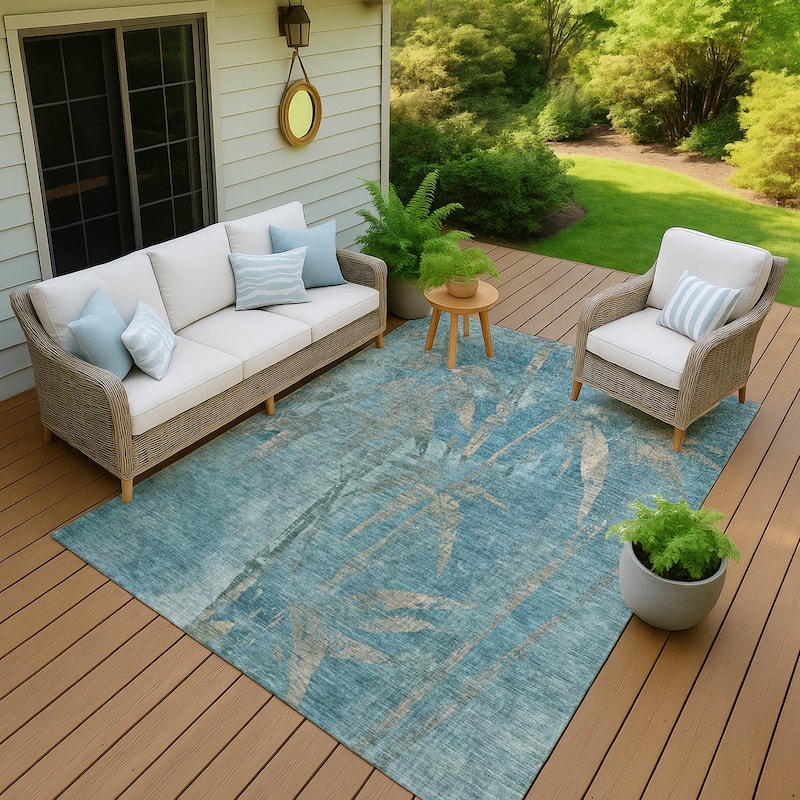 Machine Washable Indoor/ Outdoor Modern Floral Chantille Rug - Seafoam - 3' x 5'