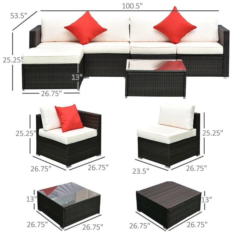6PCS Weatherproof PE Rattan Patio Set, Sectional Storage Ottoman