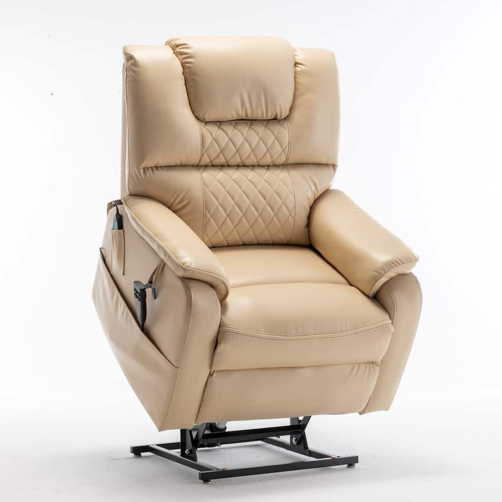 Beige Oversized Electric Recliner featuring OKIN Motor, 180° Lay Flat Lift, Extra-Wide Seat, and Storage Pockets