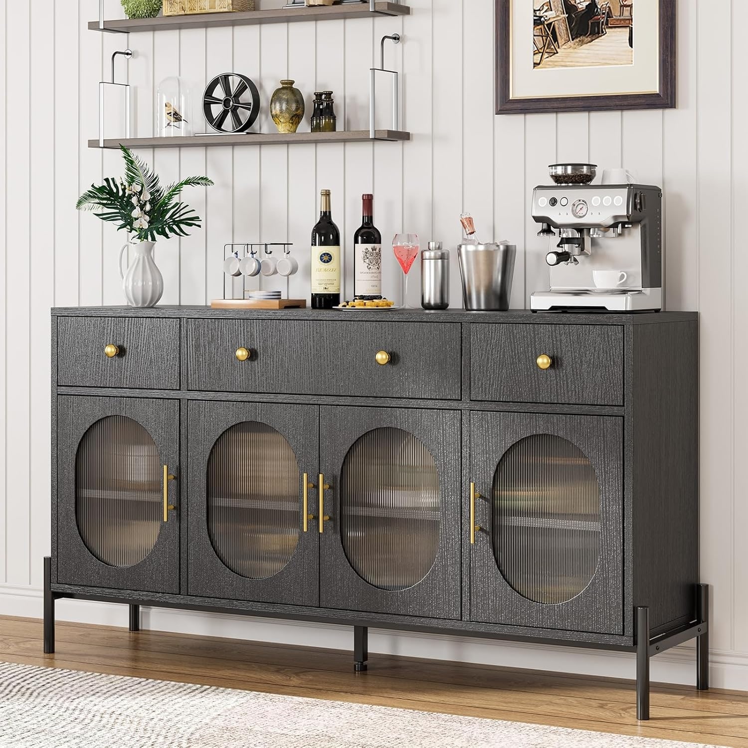 62'' Buffet Cabinet with 3 Drawers & 4 Fluted Glass Doors, Sideboard Storage for Kitchen & Dining Room