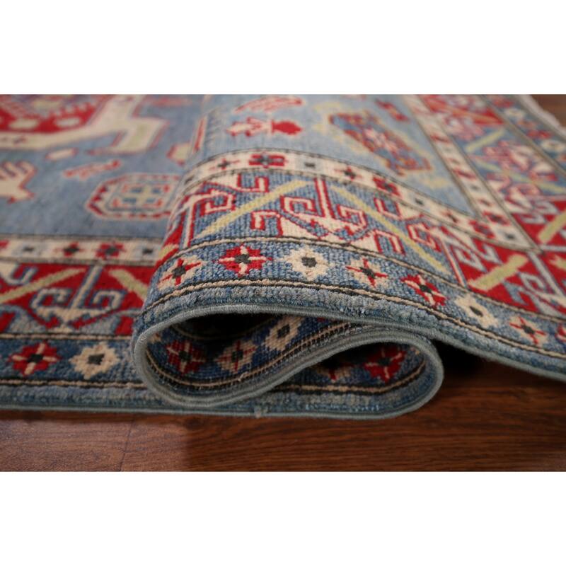 Geometric Blue Kazak Oriental Area Rug Handmade Wool Carpet - 4'3" x 5'11"