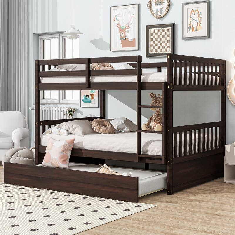 Roomfitters Full Over Full Rubber Wood Bunk Bed with Trundle, Convertible Design, Ladder and Safety Guardrails, Espresso