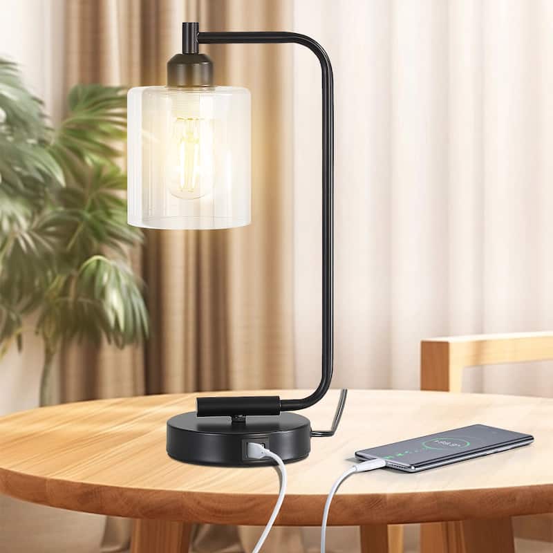 Sofuor Set of 2 Touch Control Table Lamps with Type-C and USB port 3-Way Dimmable Black , Glass Shade & 2 LED Bulbs Included
