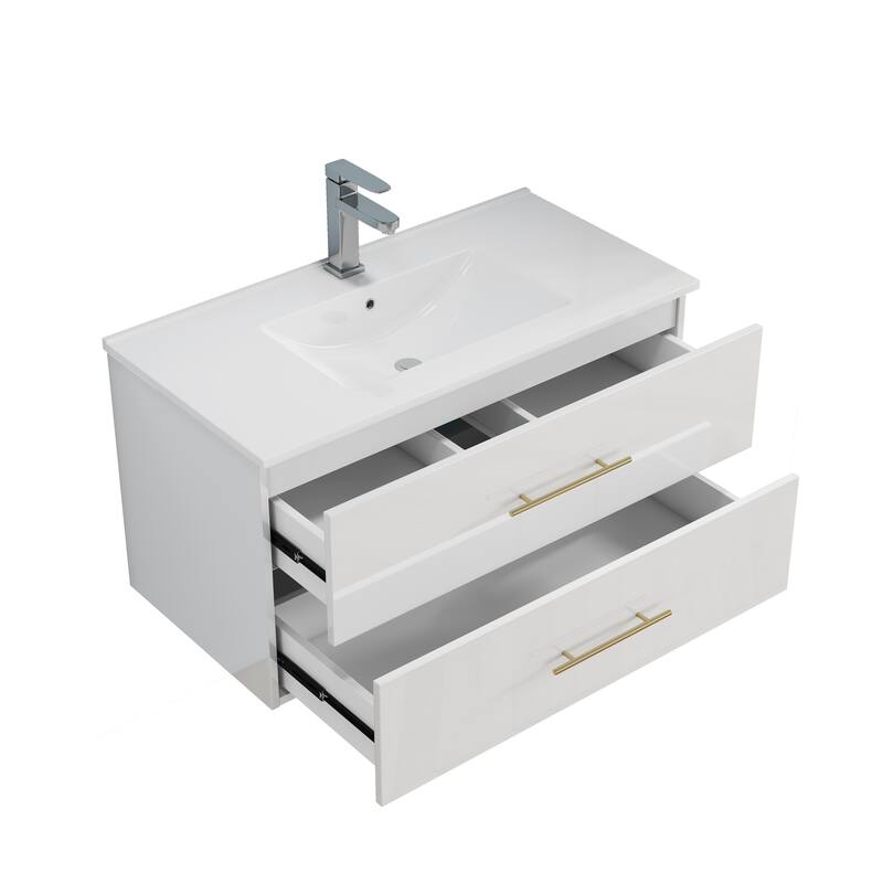 36-Inch Gloss Wall-Mounted Bathroom Vanity with Sink Combo,Double Drawers,Ceramic Sink, Long Gold Metal Handle