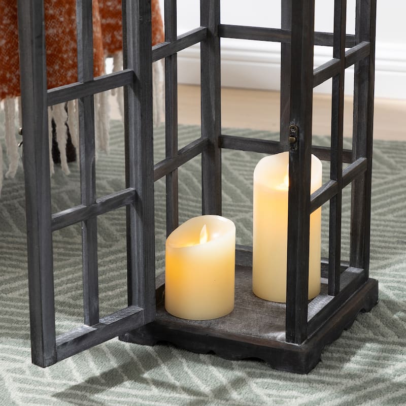 Glitzhome Farmhouse Wooden Metal Cage Candle Holders Patio Hanging Vintage Lanterns (Set of 2)