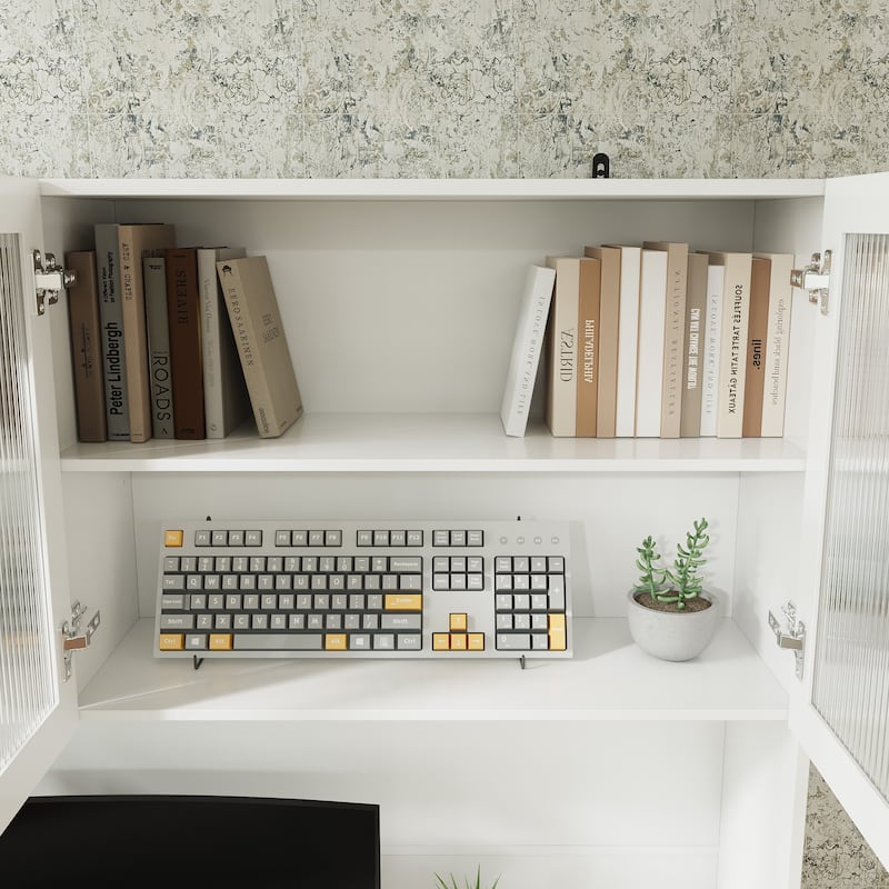 63” Modern White Computer Desk with Hutch & Drawers, Tempered Glass Cabinet Doors, Large Storage Home Office Workstation