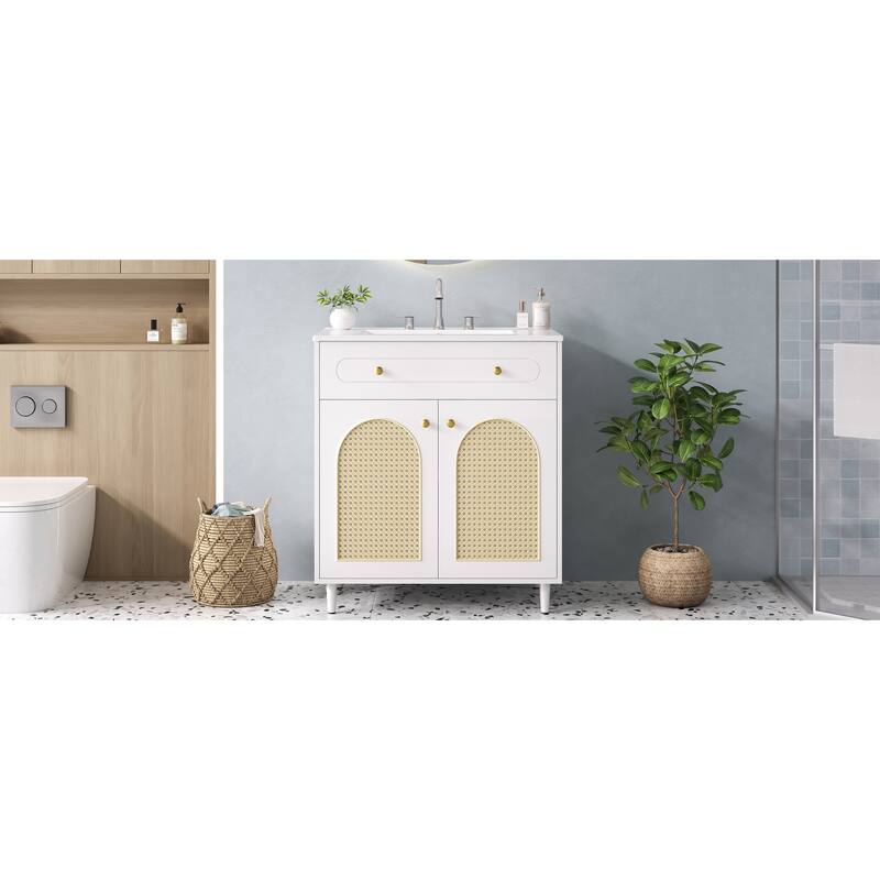 30" Bathroom Vanity with Ceramic Sink, Solid Wood Frame Bathroom Sink Cabinet with Adjustable Shelf, Tip-Drawer