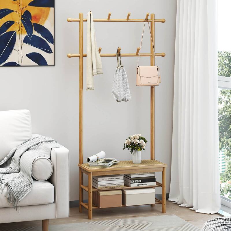 Costway Bamboo Coat Rack with Bench Shoe Storage 2 Hanging Rods 11 - See Details