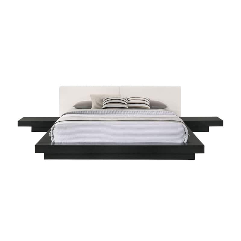 HomeRoots Black and White Wood And Faux Leather King Bed Frame With Attached Nightstands