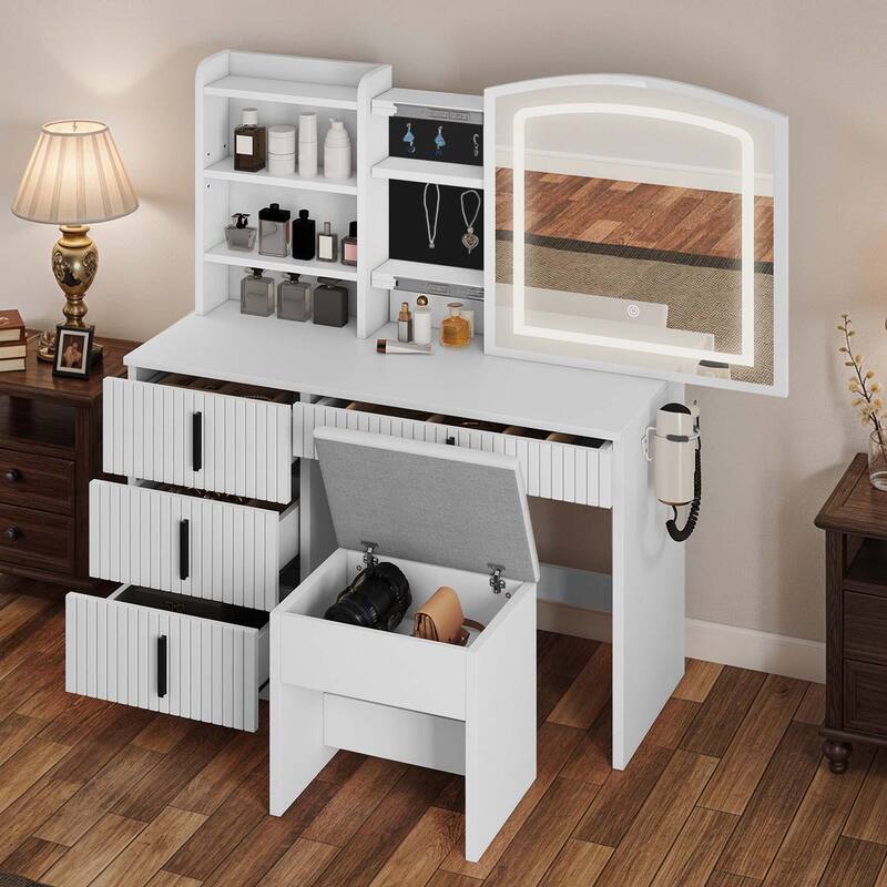 Moasis 39.5"W Makeup Vanity Desk with Mirror & Power Outlet, 4 Drawers Vanity Table Set with Hidden Storage and Storage Stool