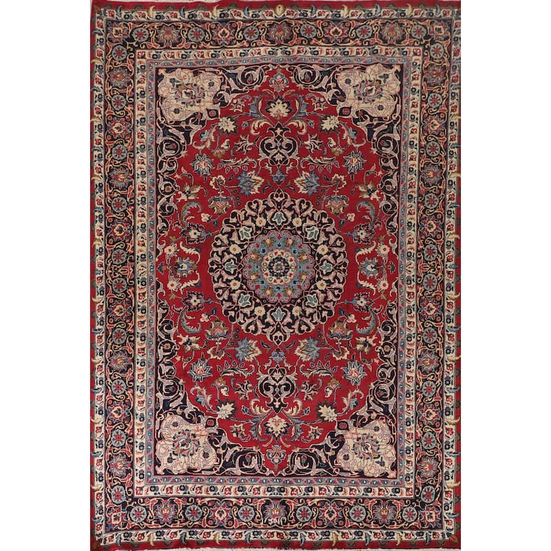 Traditional Red Mashad Persian Vintage Rug Hand-Knotted Wool Carpet - 6'7"x 10'0"