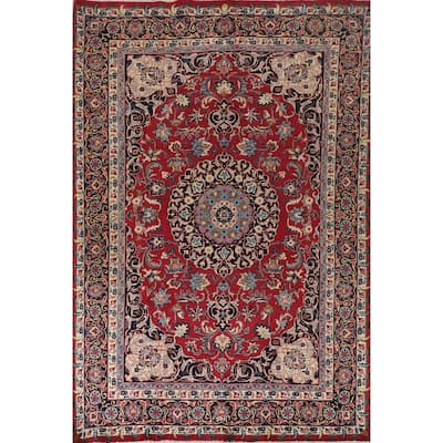 Traditional Red Mashad Persian Vintage Rug Hand-Knotted Wool Carpet - 6'7"x 10'0"