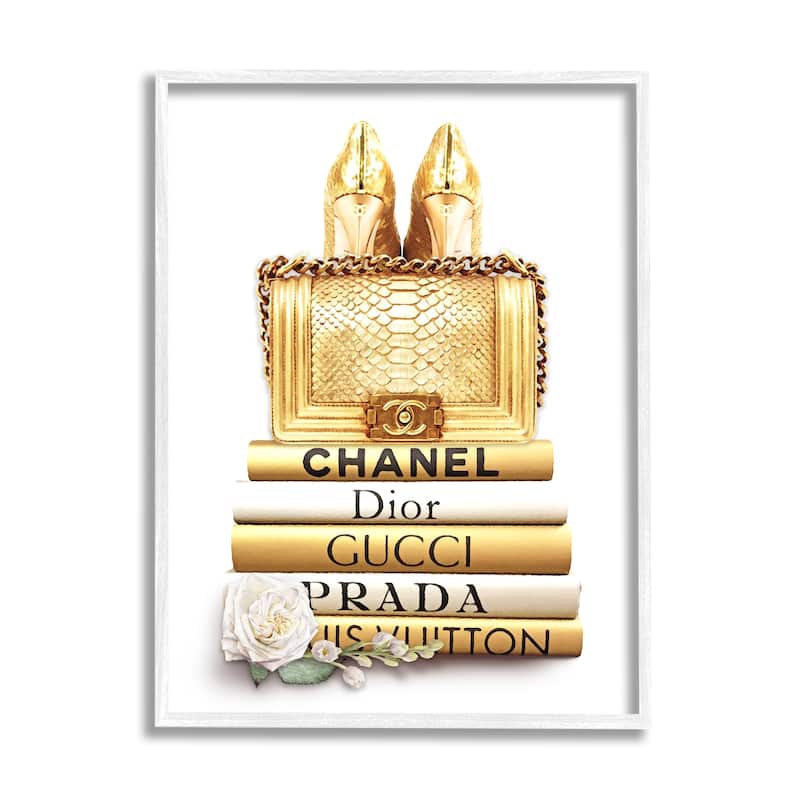 Stupell Divine Golden Fashion Purse on Glam Designer Bookstack Framed Wall Art - 24 x 30 - White