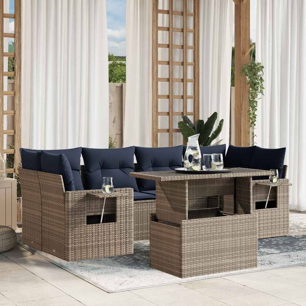 vidaXL Patio Sofa Set with Cushions Table and Couches 7 Piece Poly Rattan