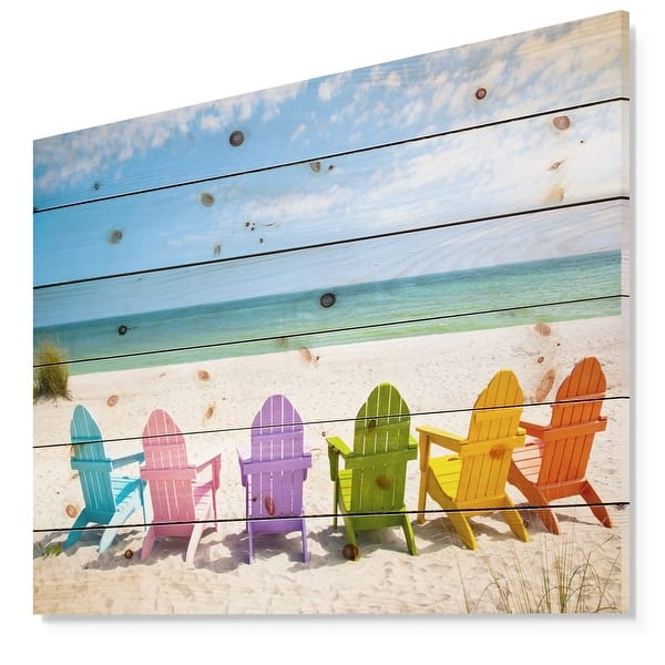 Designart Adirondack Beach Chairs Seashore Photo Print On Natural Pine Wood Blue Overstock 23107365