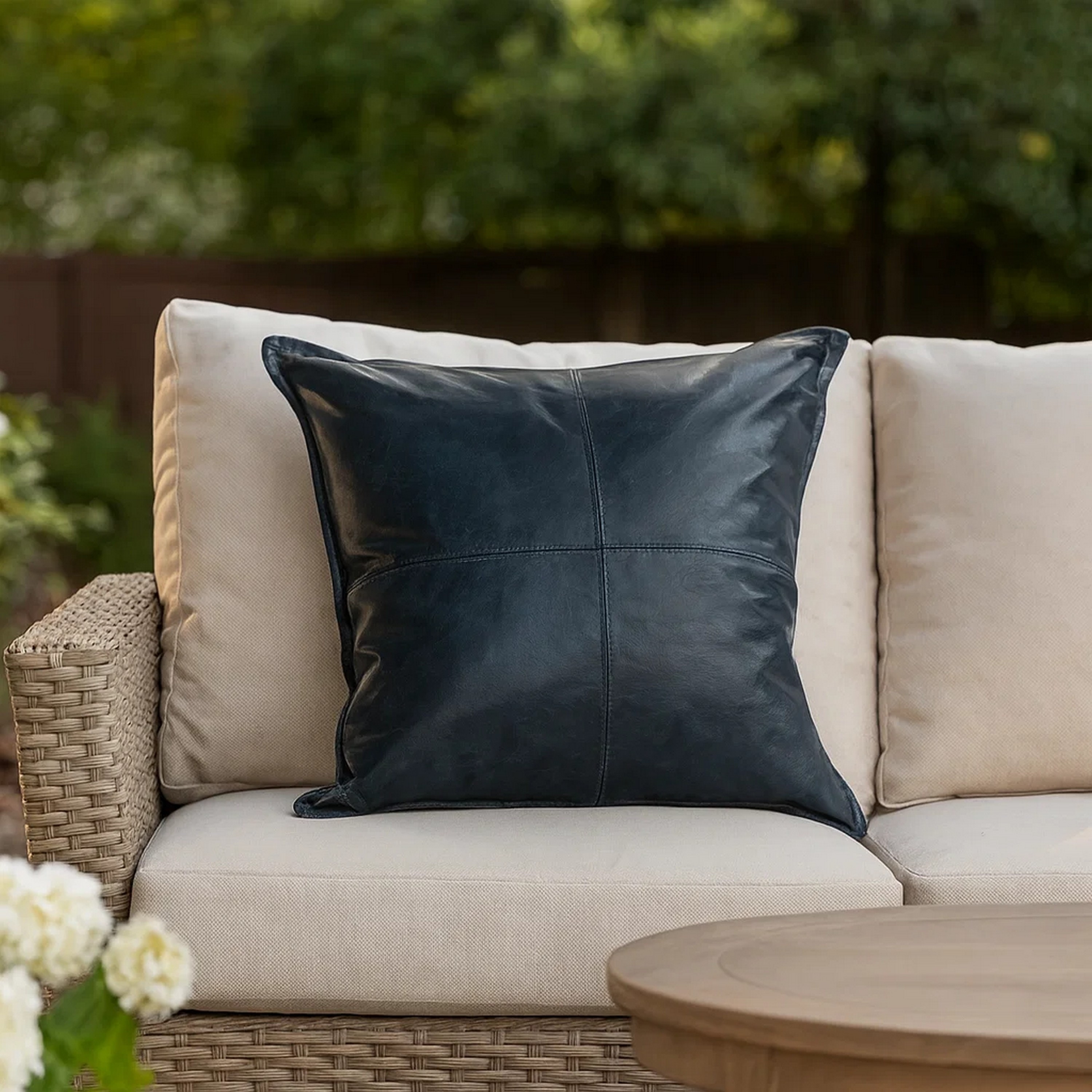 Norm 22 Inch Square Accent Throw Pillow, Pieced Design Classic Blue Leather