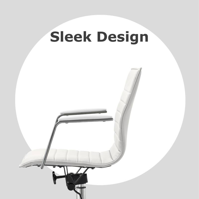 Set of 2 Modern Office Chairs | Upholstered PU Leather Ribbed Mid Back with Metal Frame | Adjustable Height, Tilt Lock