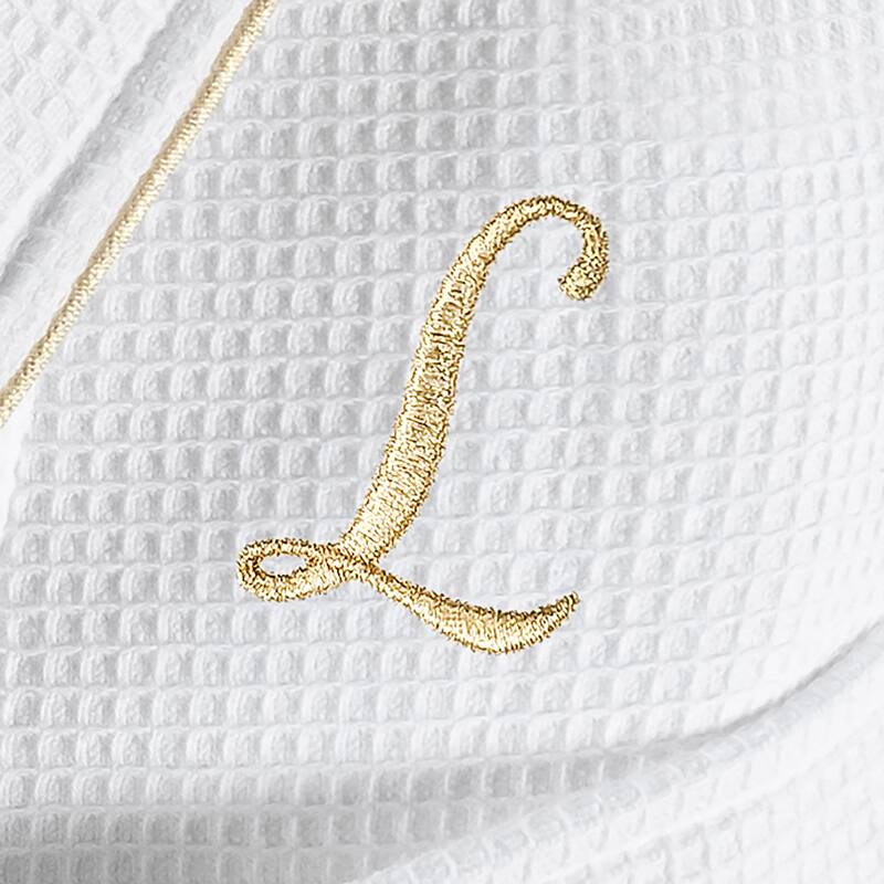 Authentic Hotel and Spa White/Gold Unisex Turkish Cotton Waffle Weave Terry Bath Robe with Gold Script Monogram - L/XL - L