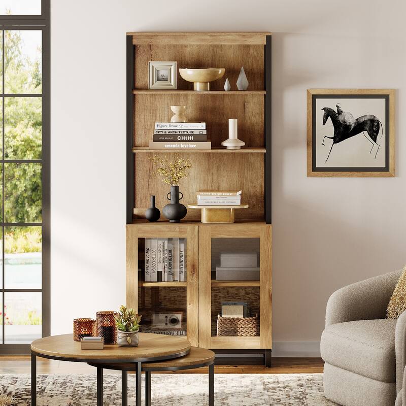 Modern 72" Tall Bookcase with Glass Doors and Adjustable Shelves for Home Office, Living room.