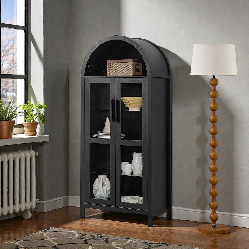 High Arched Wooden Storage Cabinet with LED Light, Adjustable Glass Shelves, Modern Retro Multi-Functional Display Locker