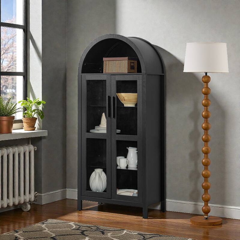 High Arched Wooden Storage Cabinet with LED Light, Adjustable Glass Shelves, Modern Retro Multi-Functional Display Locker - Black