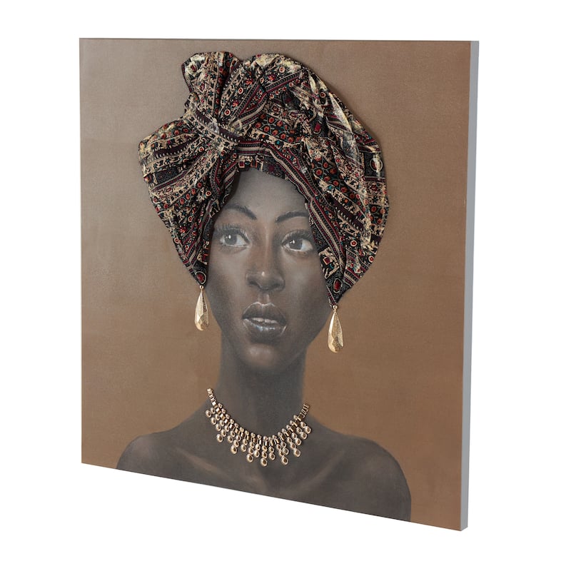 Canvas Woman Wall Art with 3D Fabric Headwear And Gold Jewels - Brown - Roche River Decor