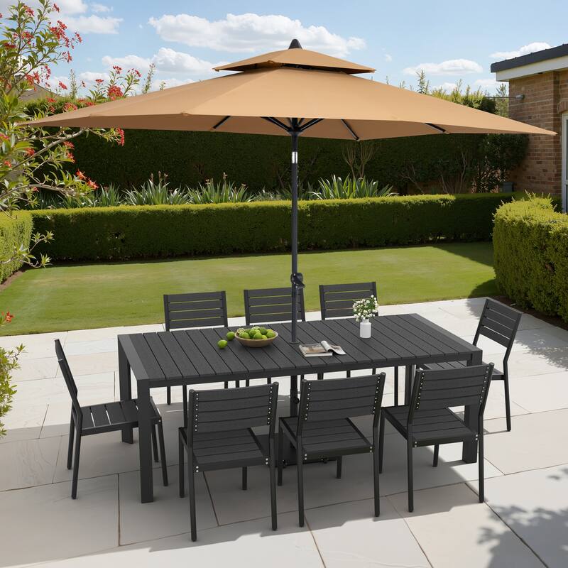 9/11-Piece Outdoor Dining Set Aluminum Table and Stackable Chairs w/10 ft Umbrella and Base - Set of 11 - Black Table with Tan Umbrella