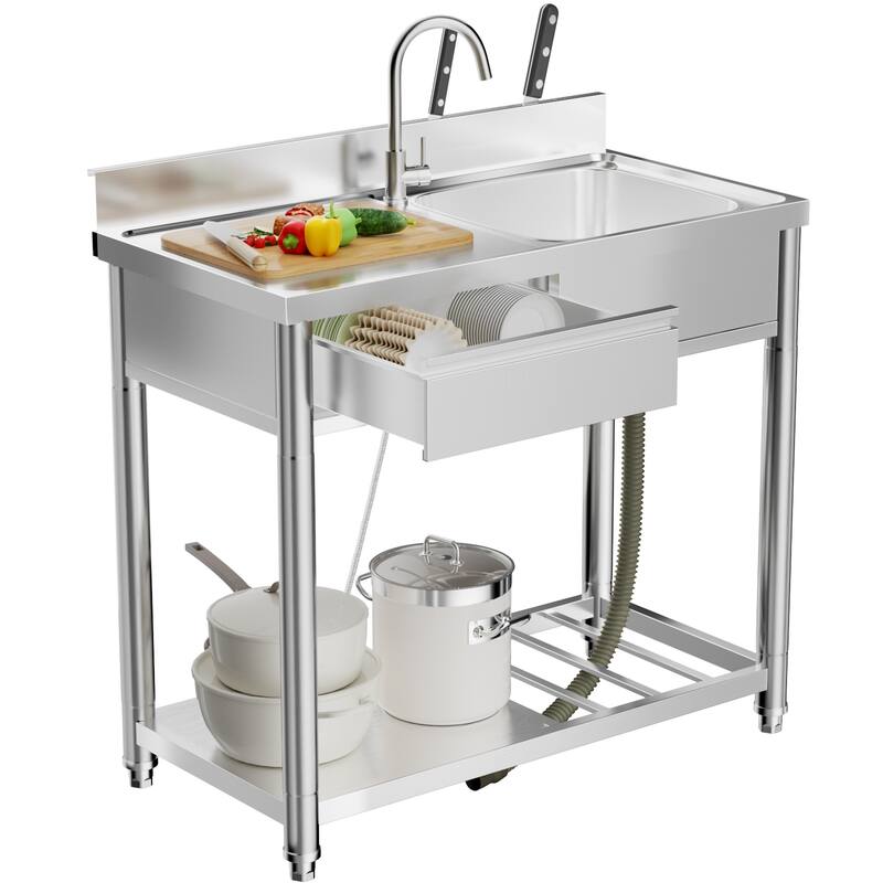 304 Stainless Steel Utility Sink with Workbench&Storage Shelf, Freestanding Prep Table with Left Drawer, 39"Sink Station