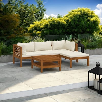 Luna 5pc Modular Outdoor L Sofa and Acacia Wood Coffee Table, Cream