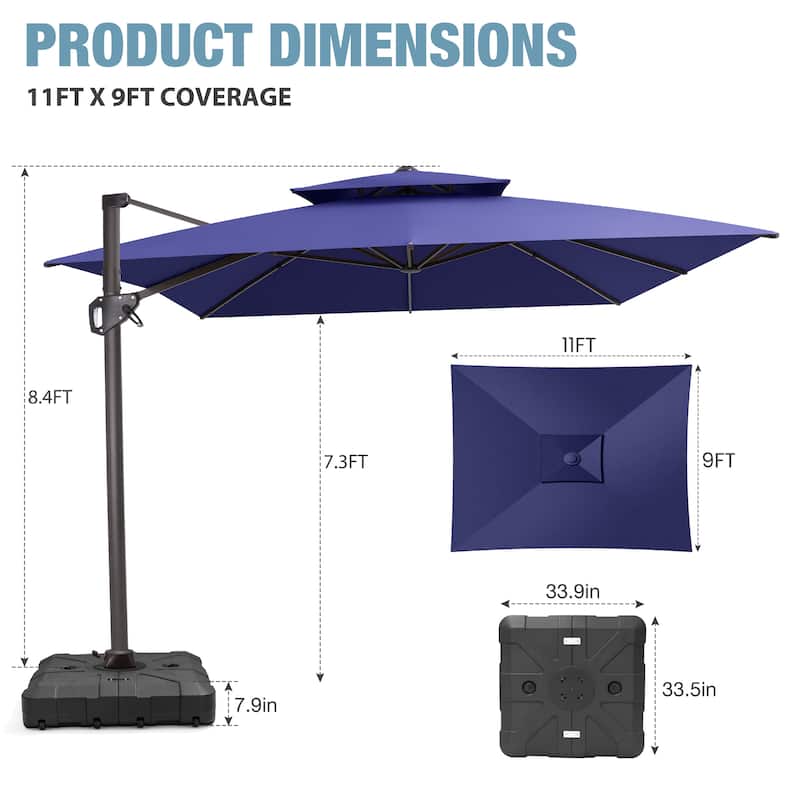 VredHom Patio Outdoor 9 x 11 FT Double Top Cantilever-Offset Umbrella with HDPE Wheel Base