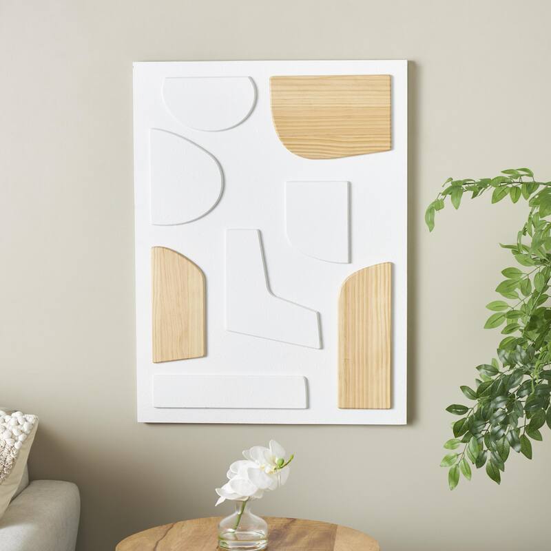 White Wood Dimensional Art Deco Shapes Geometric Home Wall Decor with Brown Accents