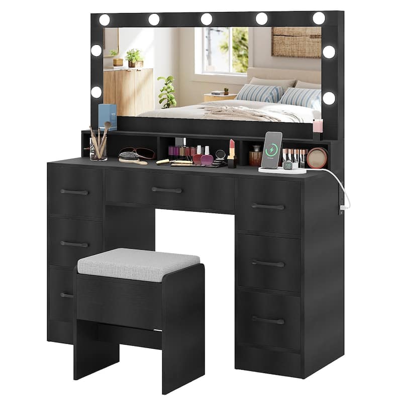 Gymax Vanity Desk w/Mirror & Lights Power Outlets 3 Color Lighting - Black