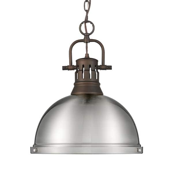 slide 1 of 1, Yep by Golden Lighting Duncan 1-light 14in Chain Hung Pendant in Rubbed Bronze and Pewter shade