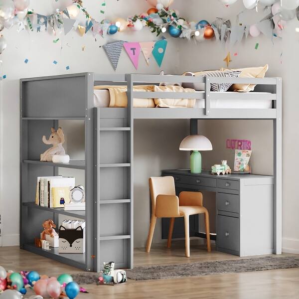 slide 2 of 18, Full Size Loft Bed With Ladder,Shelves and Desk for Home Grey