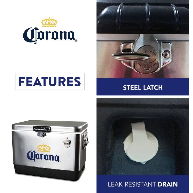 Corona Ice Chest Beverage Cooler with Bottle Opener, 51L (54 qt), 85 Can Capacity, Silver and Black